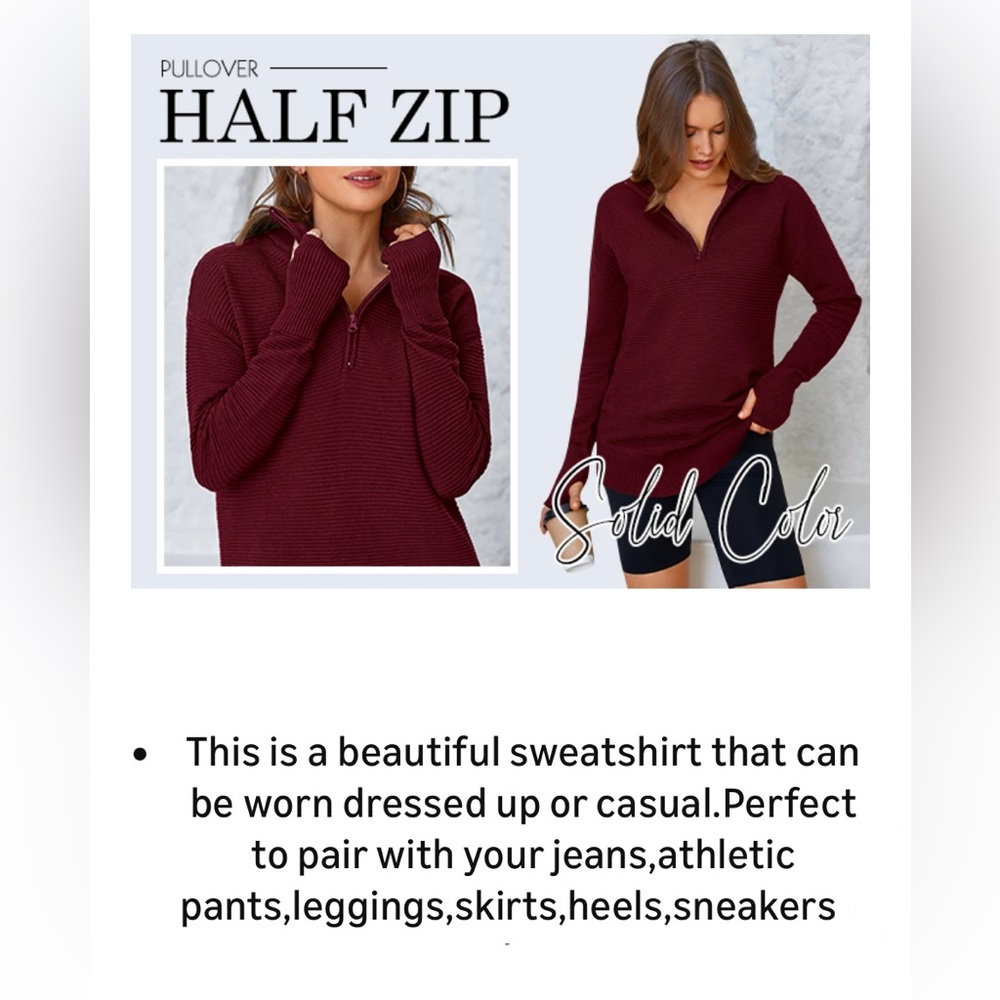 Red Half-Zip Knit Pullover | Thumb Hole | Small | Pretty Garden | New - Picture 7 of 11